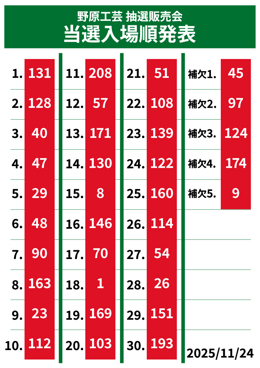 11月24日（月）12:00更新 当選番号を発表いたします。 ご当選のお客様