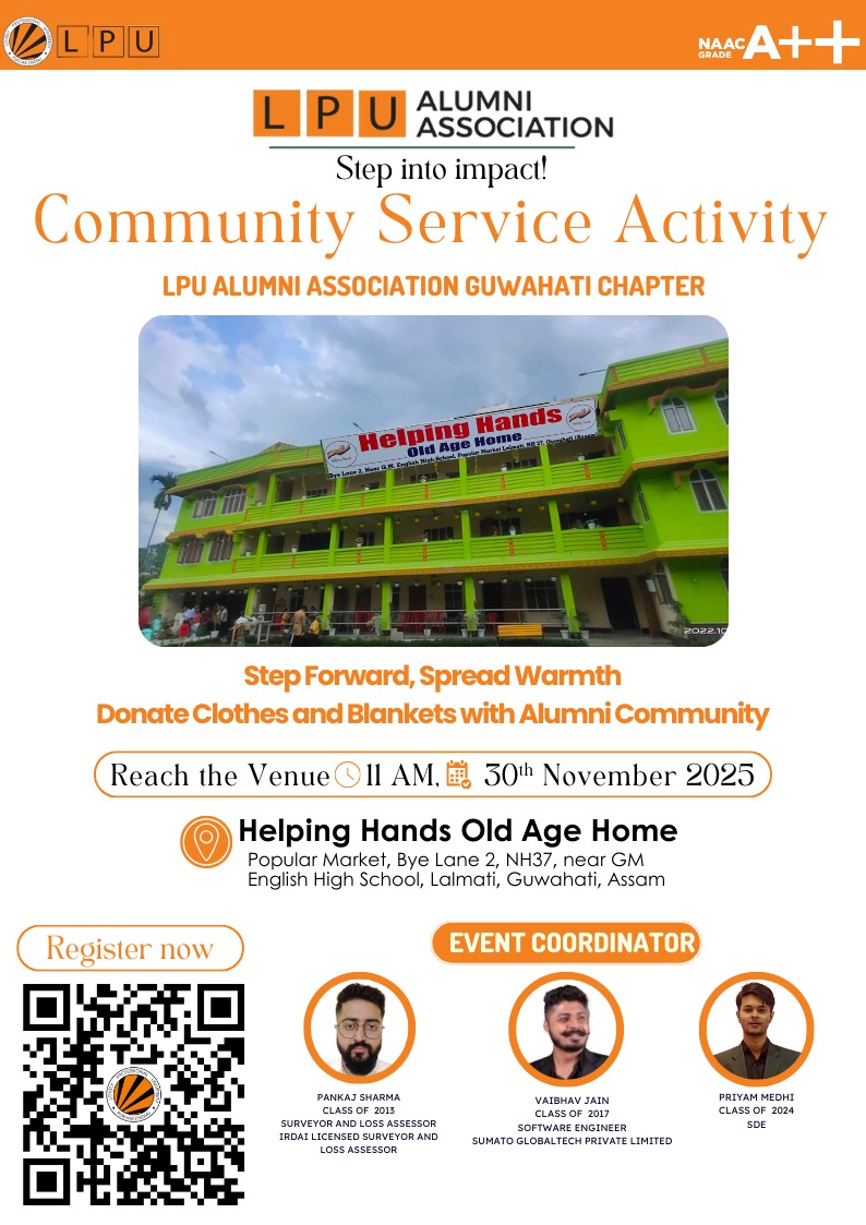 LPUAlumni's tweet image. ✨ Together, We Create Change! ✨
The LPU Alumni Association, Guwahati Chapter, is spreading warmth at Helping Hands Old Age Home. Join us on 30th Nov as our alumni donate winter clothes, blankets &amp;amp; essentials to those in need.
Register: alumni.lpu.in/events/18356
#LPUAlumni #LPU