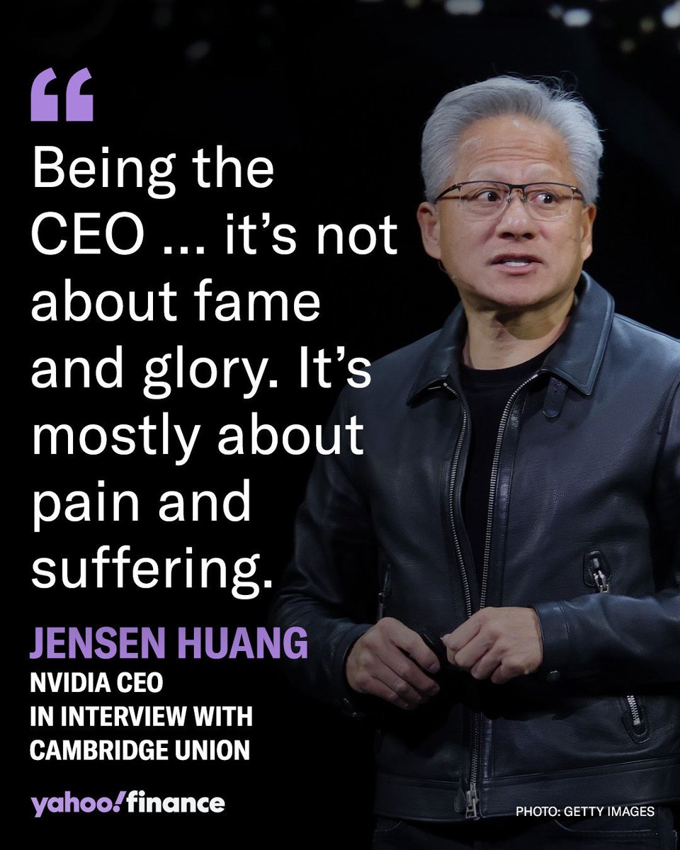 YahooFinance's tweet photo. Nvidia CEO Jensen Huang says that leading a company like chipmaker Nvidia is a privilege but it also requires an individual to sacrifice their life to be of service to the business and its employees. https://t.co/uPTXIwpTdF via @FortuneMagazine https://t.co/nCH0jqTuMv