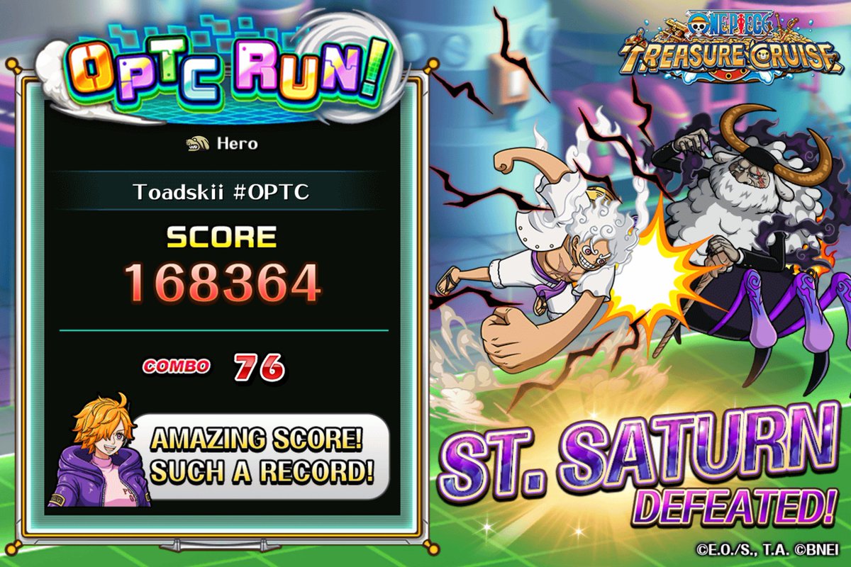 Toadskii's tweet image. Challenging #OPTCRun right now! 
Obtained Score: 168364
Max Combo: 76

Play from here!
trecru-ww.channel.or.jp/invite/en?id=4…