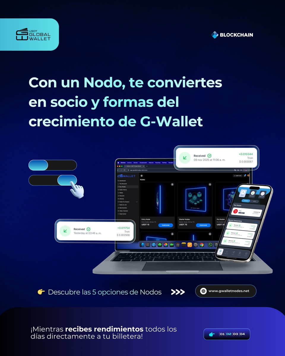 usdtglobal's tweet image. ¿Sabías que en G-Wallet puedes generar ingresos pasivos diarios? 👀✨

Al adquirir uno, participas de las ganancias del ecosistema como socio. Miles ya reciben rendimientos todos los días. 🚀

🔗 Conoce más: gwalletnodes.net

#GWallet #IngresosPasivos #NodosDigitales