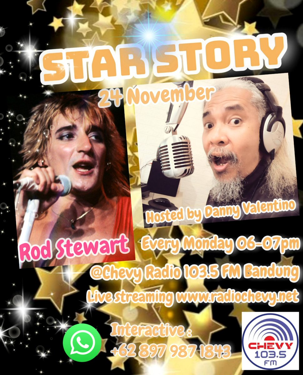 "STAR STORY" Monday 24 November 06-07pm ⭐ ROD STEWART ⭐
Live audio streaming radiochevy.net 📲📲
Listen @ Chevy Radio 103.5 FM #Bandung 📻🎶😊
#rodstewart #rockmusic #grammy