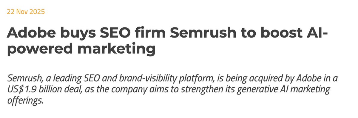 Adobeが「SEO/マーケ分析企業のSemrush」を19億ドル（約2,976億）で買収したらしいw w

Semrush知らない人が多いと思うけど、SEO・広告・競合調査・SNS分析を全部まとめてできるツールで、日本でも使える。