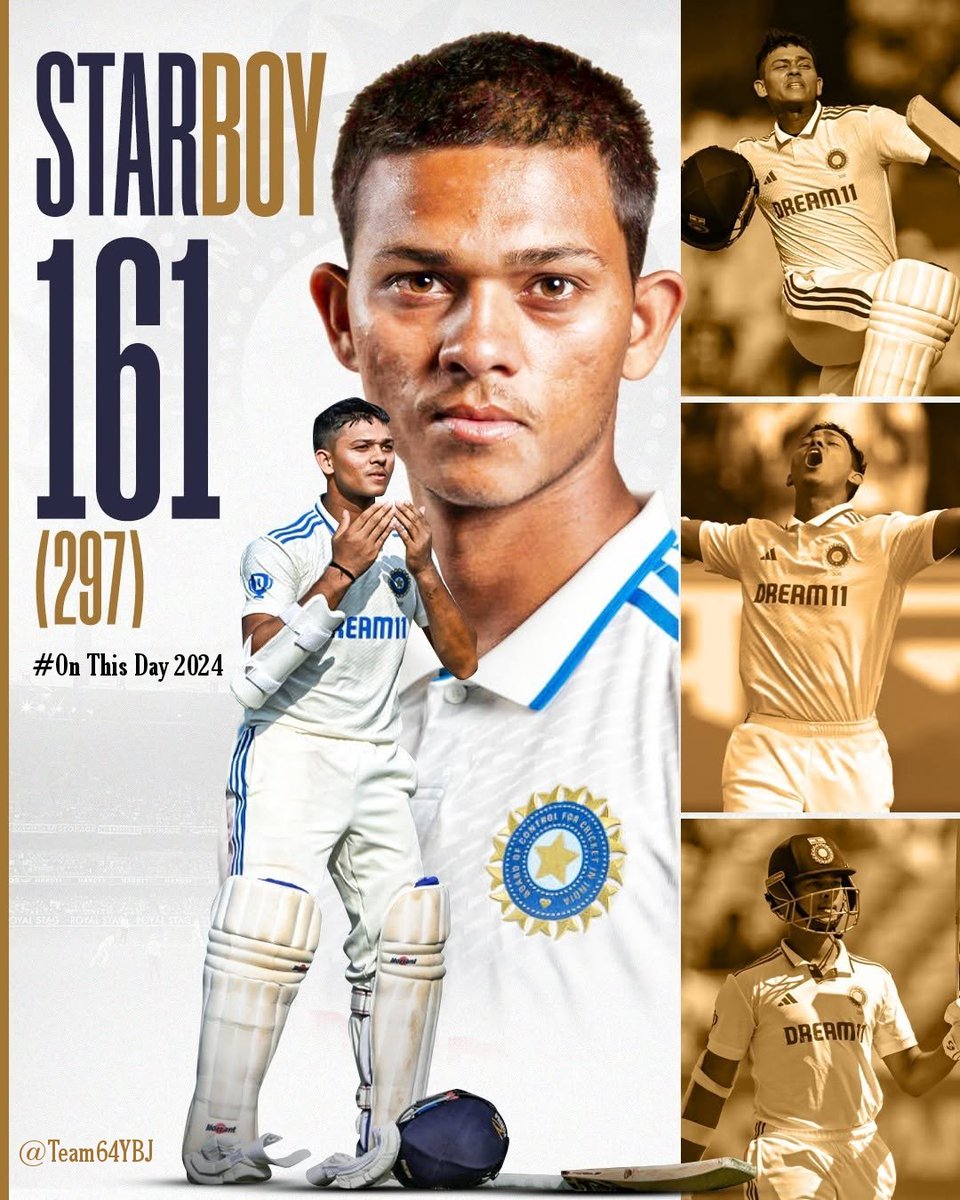 Team64YBJ's tweet photo. One year ago — History was written in Perth.
Yashasvi Jaiswal : 161 on debut. 🌟
#YashasviJaiswal #Yashasvi #Jaiswal #YBJ #TeamIndia #IndianCricket #OnThisDay #AUSvIND #BorderGavaskarTrophy #CricketHistory #DebutTest https://t.co/KEkxWthEGZ