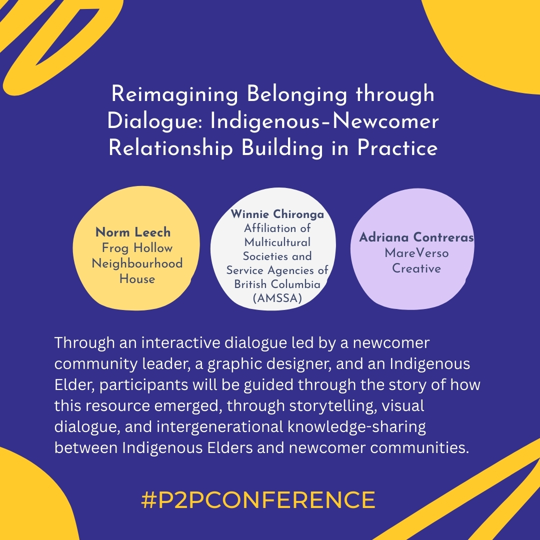 P2PConnects's tweet image. Reimagining Belonging through Dialogue: Indigenous–Newcomer Relationship Building in Practice
Chair: Winnie Chironga – Affiliation of Multicultural Societies and Service Agencies of British Columbia (AMSSA)
📆November 24
📌In Person
#P2PConference #VVPConference