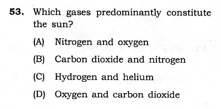 mbtscience's tweet image. 𝐆𝐄𝐍𝐄𝐑𝐀𝐋 𝐒𝐂𝐈𝐄𝐍𝐂𝐄 𝐏𝐑𝐀𝐂𝐓𝐈𝐂𝐄 𝐐𝐔𝐄𝐒𝐓𝐈𝐎𝐍

Which gases predominantly constitute the sun?

#𝐔𝐏𝐒𝐂 #𝐔𝐏𝐒𝐂𝐏𝐫𝐞𝐥𝐢𝐦𝐬𝟐𝟎𝟐𝟔 #𝐔𝐏𝐒𝐂𝟐𝟎𝟐𝟔 #𝐂𝐀𝐏𝐅 #𝐍𝐃𝐀 #𝐂𝐈𝐒𝐅 #𝐂𝐃𝐒