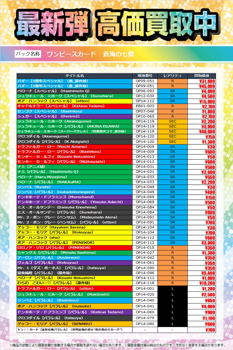 📢新弾高価買取のお知らせ📢 #ワンピースカード 新弾 ✨✨✨「蒼海の七