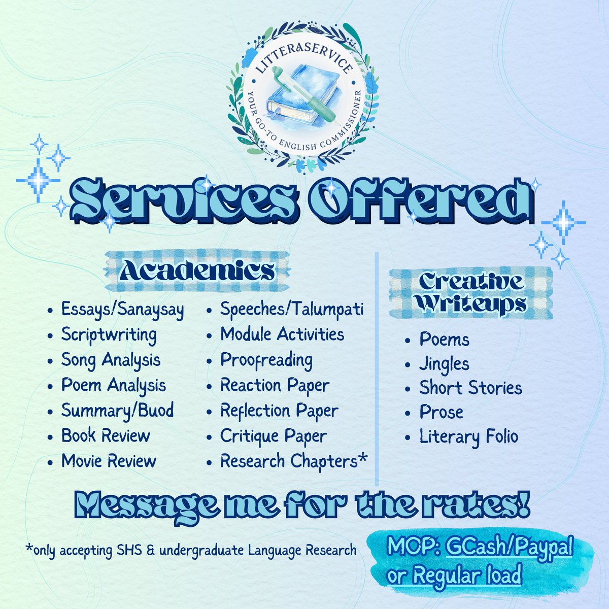 _litteraservice's tweet photo. LitteraSERVICE is open for commissions! DM me for the rates 💙

#commstwt #commsopen #commsX comms twt ph acad lf client commissioner english filipino module essay creative story jingle song lyrics poem research rrl chap 1 2 3 speech script summary reflection book movie review t https://t.co/bOlKvBxTjl