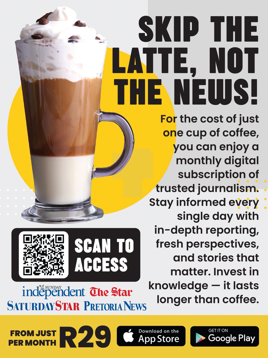 Your daily buzz, now in headlines.

Get unlimited digital access to trusted news for only R29/month.

Scan the code and subscribe today!

#SkipTheLatteNotTheNews #StayInformed #IndependentMedia #TheStar #SaturdayStar #PretoriaNews #SundayIndependent #DigitalSubscription