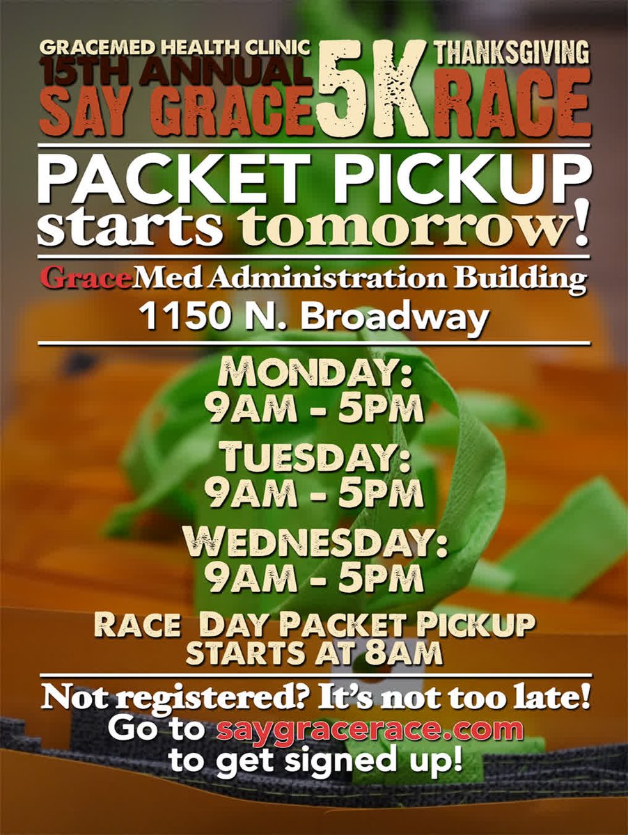Say Grace 5K Packet Pickup kicks off TOMORROW! 🎉🦃🏃‍♀️
Stop by the GraceMed Administration Building (1150 N. Broadway) Monday, Tuesday, or Wednesday between 9AM &amp; 5PM or on race morning starting at 8AM. There's still time to register! → saygracerace.com 🦃🏃‍♀️
