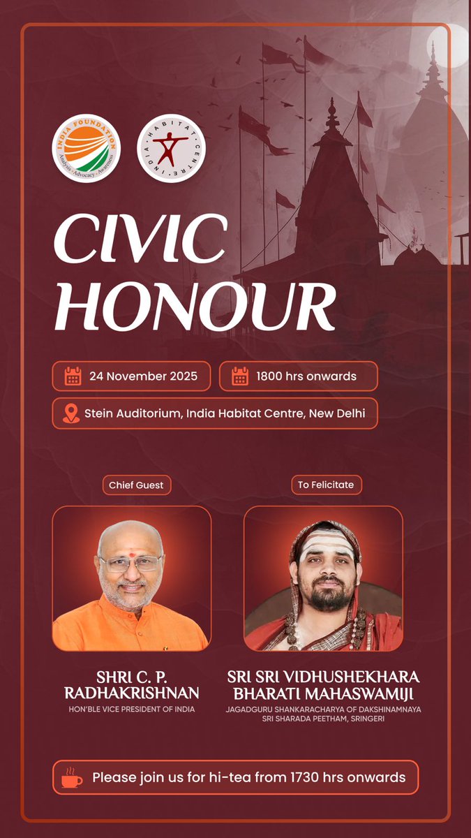 kg_suresh's tweet image. India Foundation in collaboration with @IHCDelhi is blessed to welcome His Holiness the Jagadguru Shankaracharya of Sringeri &amp;amp; @VPIndia Sh C P Radhakrishnan at IHC today.
#SringeriJagadguru
@rammadhav_ @Sachin_Chat @Secretary_MoHUA @mlkhattar @mukulkanitkar @ashwani_mahajan