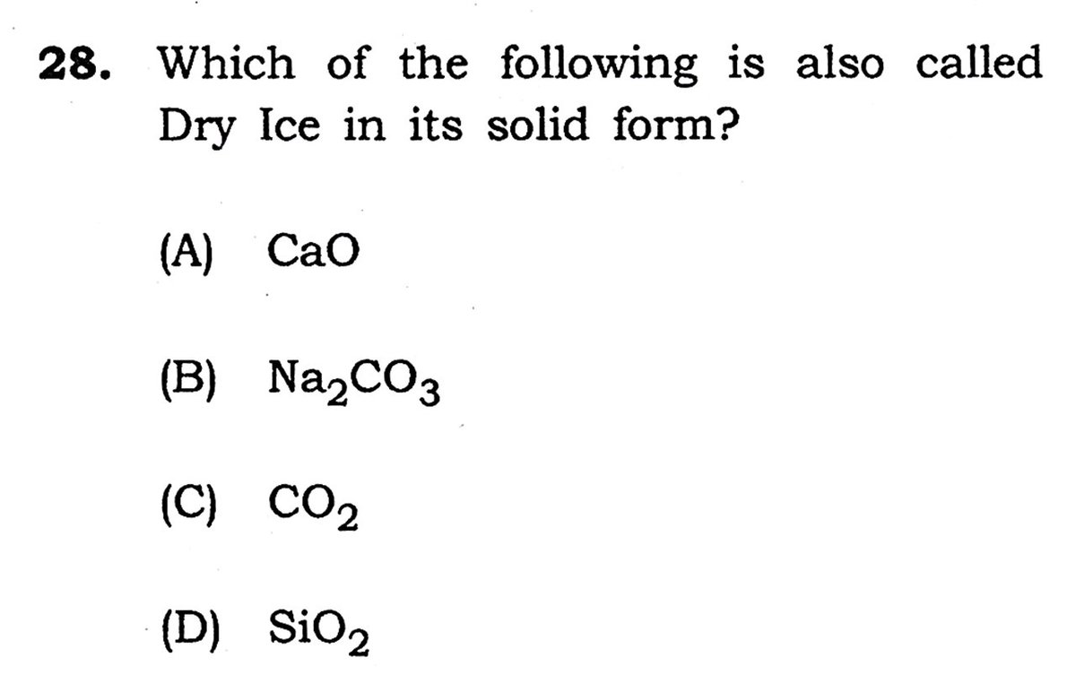 mbtscience's tweet image. 𝐆𝐄𝐍𝐄𝐑𝐀𝐋 𝐒𝐂𝐈𝐄𝐍𝐂𝐄 𝐏𝐑𝐀𝐂𝐓𝐈𝐂𝐄 𝐐𝐔𝐄𝐒𝐓𝐈𝐎𝐍

Which of the following is also called Dry Ice in its solid form?

#𝐔𝐏𝐒𝐂 #𝐔𝐏𝐒𝐂𝐏𝐫𝐞𝐥𝐢𝐦𝐬𝟐𝟎𝟐𝟔 #𝐔𝐏𝐒𝐂𝟐𝟎𝟐𝟔 #𝐂𝐀𝐏𝐅 #𝐍𝐃𝐀 #𝐂𝐈𝐒𝐅 #𝐂𝐃𝐒