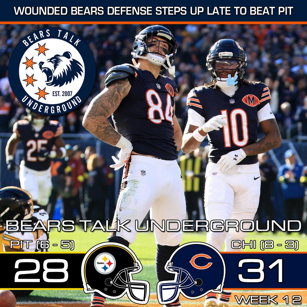 ***NEW PODCAST***

Hear <a href="/BTU_Larry/">Bears Talk Underground</a> share his thoughts and feelings about the Bears Week 12 win at home over the Saints!!

All of that plus Knee Jerk Reactions on Spotify or shows.audiocdn.com/s/radicalcompa…

#Bears #Steelers #Week12