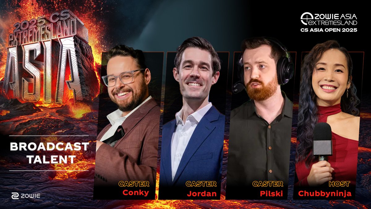 Get ready! 🔥
We are thrilled to welcome our talent lineup for this year's event!
Please give a huge welcome to: <a href="/ConkyOCE/">Mitch</a> , <a href="/Elfishguy/">Jordan Mays</a> , <a href="/pilskicasts/">Mitchell Pilipowski</a> , and <a href="/victoriacheng/">Victoria Cheng (ChubbyNinja)</a> !

Tune in from December 18-21 to catch their expert analysis and commentary!
#eXTREMESLAND #CSAsiaOpen