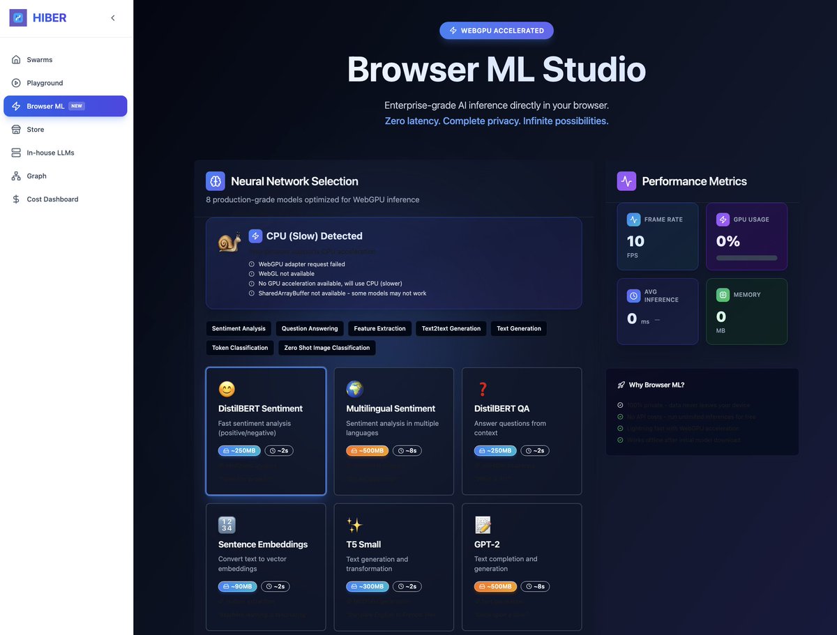 hibernates_ai's tweet image. 🚀 Introducing Hiber-Browser-ML-Studio-V0
Enterprise-grade AI inference directly in your browser.
Zero latency. Complete privacy. Infinite possibilities.
This changes everything.🎉