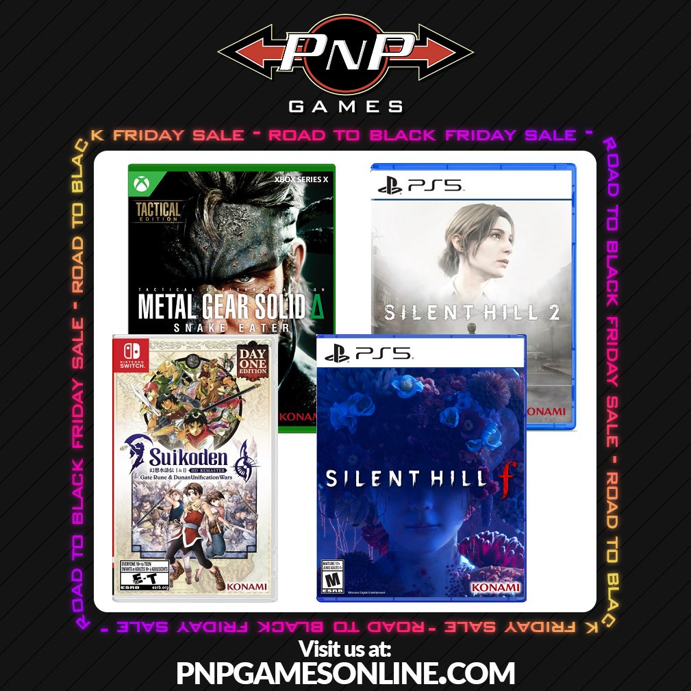 Konami Titles have joined our Road to Black Friday Sale!
tinyurl.com/3vz4jss2
-Silent Hill f PS5/XSX $69.99 CAD (~$50 USD)
-Metal Gear Solid 3 Delta Snake Eater $59.99 CAD (~$42.50 USD)
-Silent Hill 2 PS5 $39.99 CAD (~$29 USD)
-Suikoden I &amp; II HD Remastered PS5/SWITCH/XSX