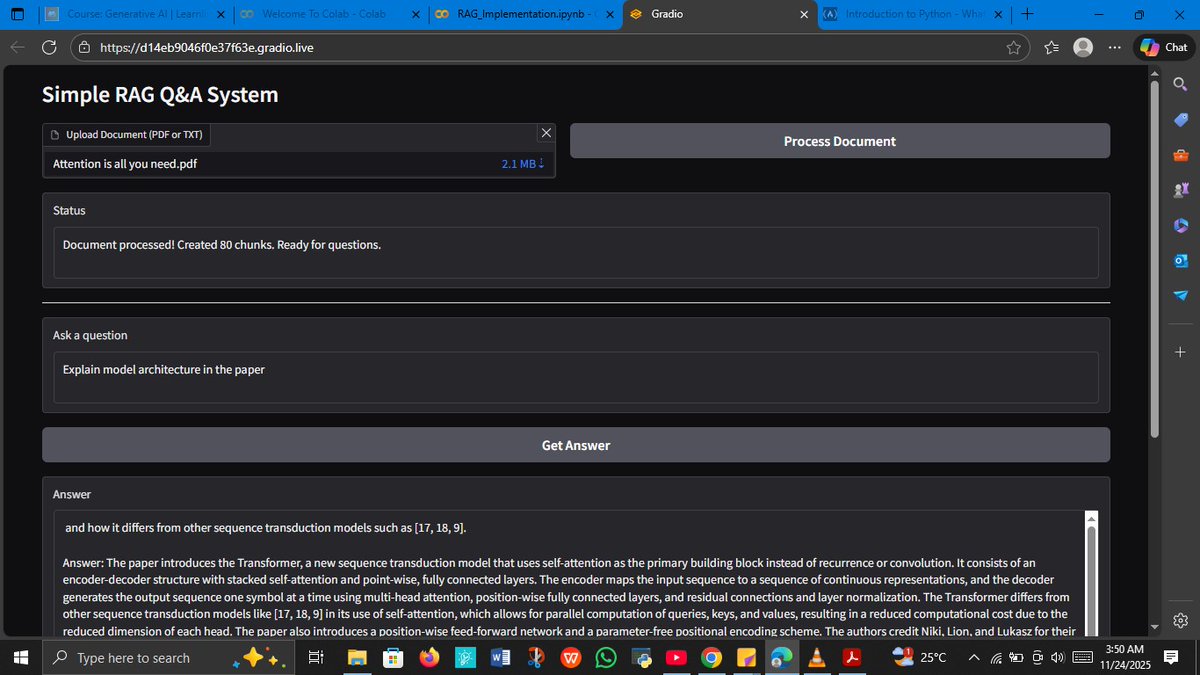 tileoluwanimi's tweet image. Built a RAG system that loads documents, converts them into a searchable format and uses a LLM to answer questions based on the document&apos;s content, basically a Q&amp;amp;A system. #RAG #langchain #huggingface #genai #googlecolab