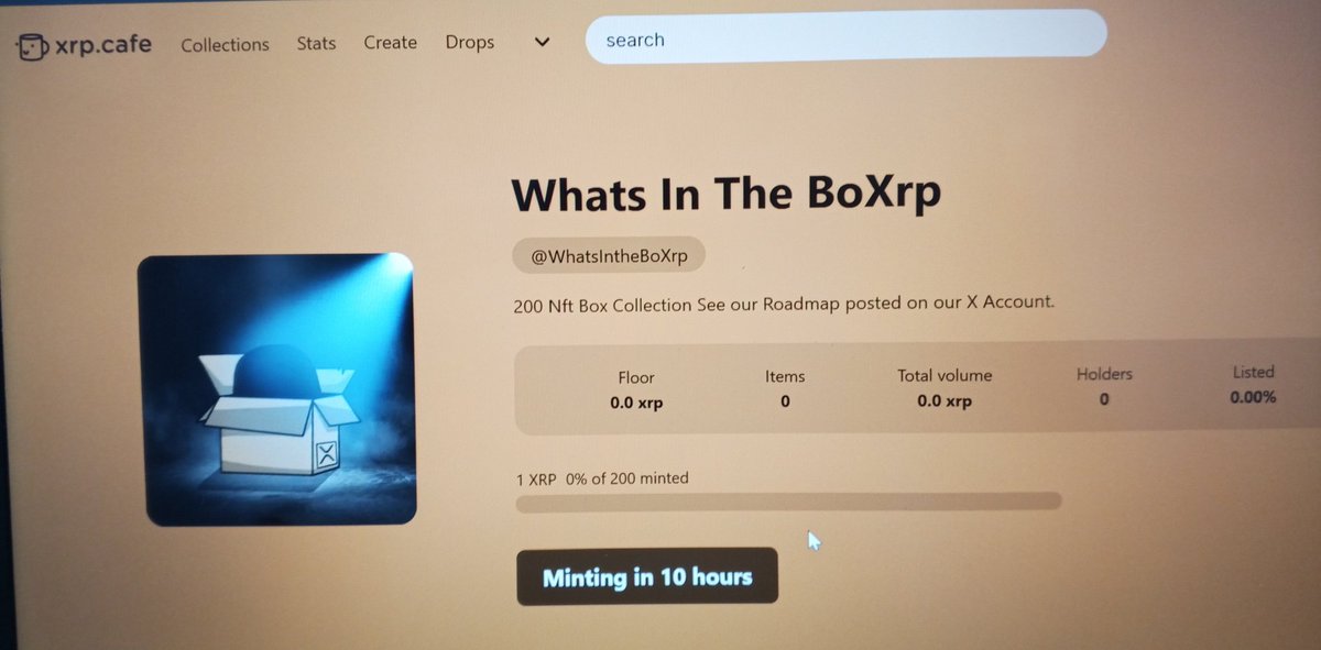 What's in the BoXrp count down minting 

📦 1xrp per mint
📦 200 Box total Supply 

📦 Check our Road map posted below 

<a href="/xrpcafe/">xrp.cafe ☕</a> Link : xrp.cafe/collection/wha…