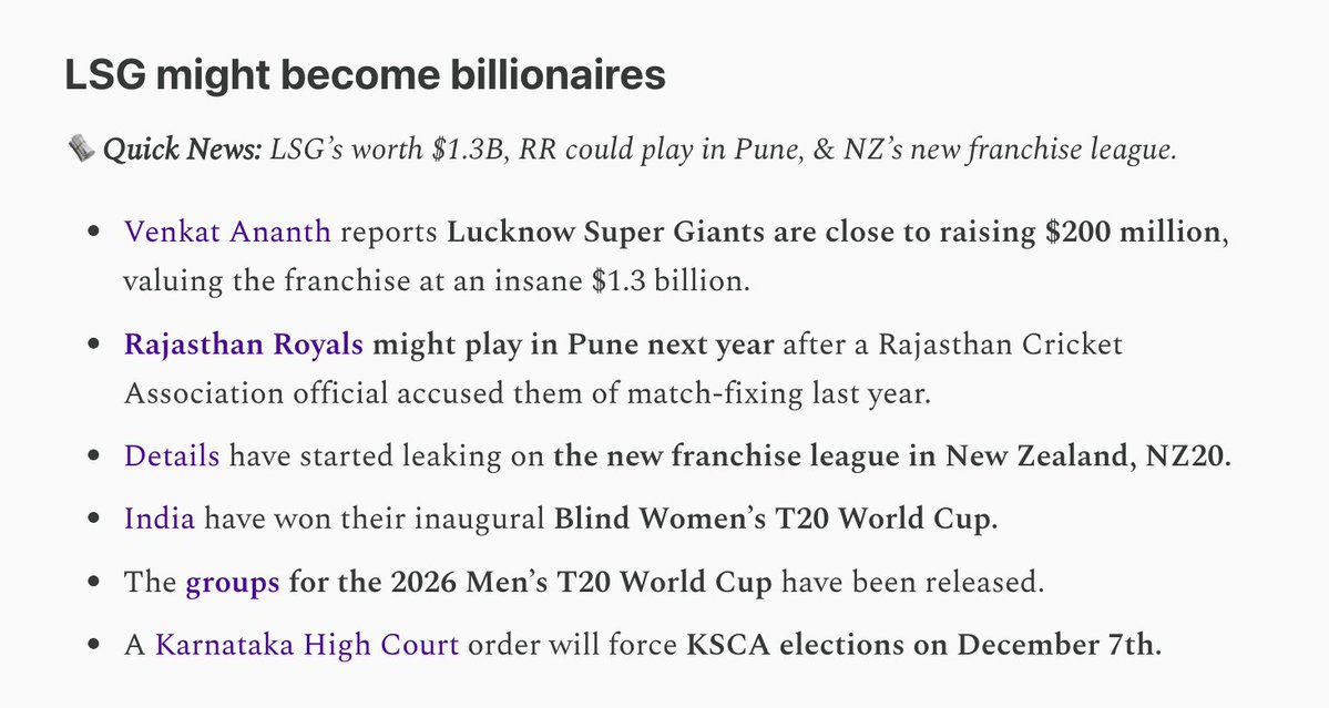 TOP #CRICKET NEWS:

<a href="/venkatananth/">Venkat Ananth</a> on LSG's fund raise, RR could play in Pune, NZ20 details, IND-W's Blind WC win, the T20 WC groups, &amp; KSCA elections.

All stories at bestofcricket.substack.com/p/roundup-what…