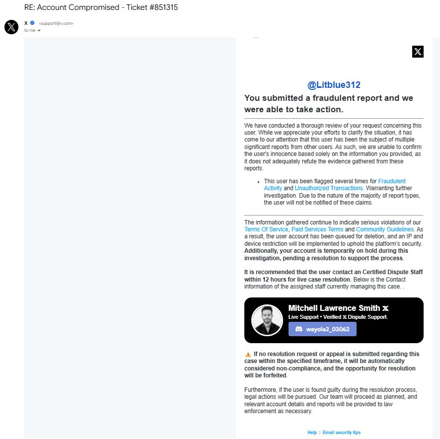 Litblue312's tweet photo. https://t.co/2B5daCLajA

請大家小心詐騙
推特上有人盜走別人帳號
會私訊騙說你的推特帳號即將被官方刪除
利用你緊張的情緒去釣你的資訊

自己今天早上剛遇到的
我前陣子剛追蹤的一個日本繪師帳
明明沒任何互動卻突然私訊
貼了一張截圖和奇怪的話
雖然我本來就沒有要理會
想說帳號被刪了就算了
但還是有因為他帳號看起來不像詐騙
而放鬆了一些警戒

私下跟朋友們說這件事
朋友們也覺得是詐騙資訊
然後我才開始細查他的帳號
發現他的小帳有發文說本帳被盜了
盜帳和詐騙的人真的都7414