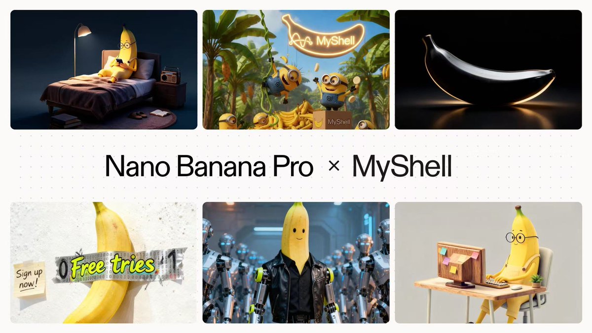 myshell_ai's tweet image. Nano Banana Pro is now integrated into MyShell.

A cleaner, sharper, and more refined visual engine — elevating creation quality across the entire ecosystem.

Experience the new Banana workflow now:
art.myshell.ai/tools/nano-ban…