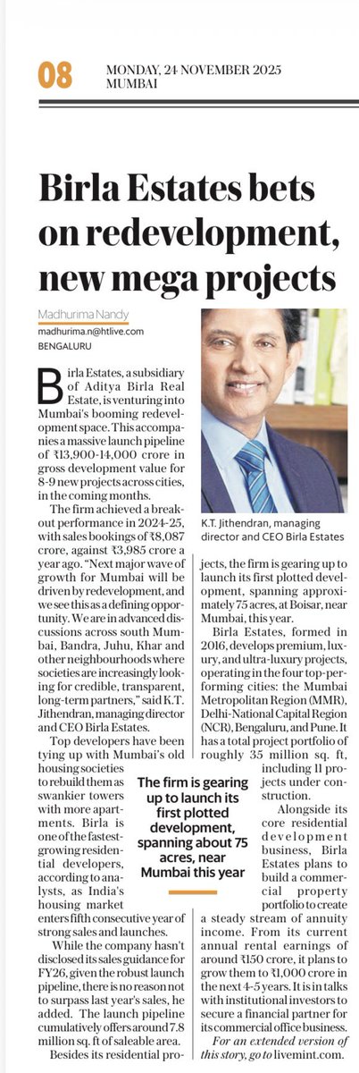 omahuja's tweet image. Birla Estates ramps up redevelopment in Mumbai! Massive launch pipeline of ₹13,900-14,000 cr and new plotted projects set the stage for record growth. Bold vision, strategic partnerships, &amp;amp; luxury living redefine the city’s skyline!  #Redevelopment #MumbaiRealEstate #Property