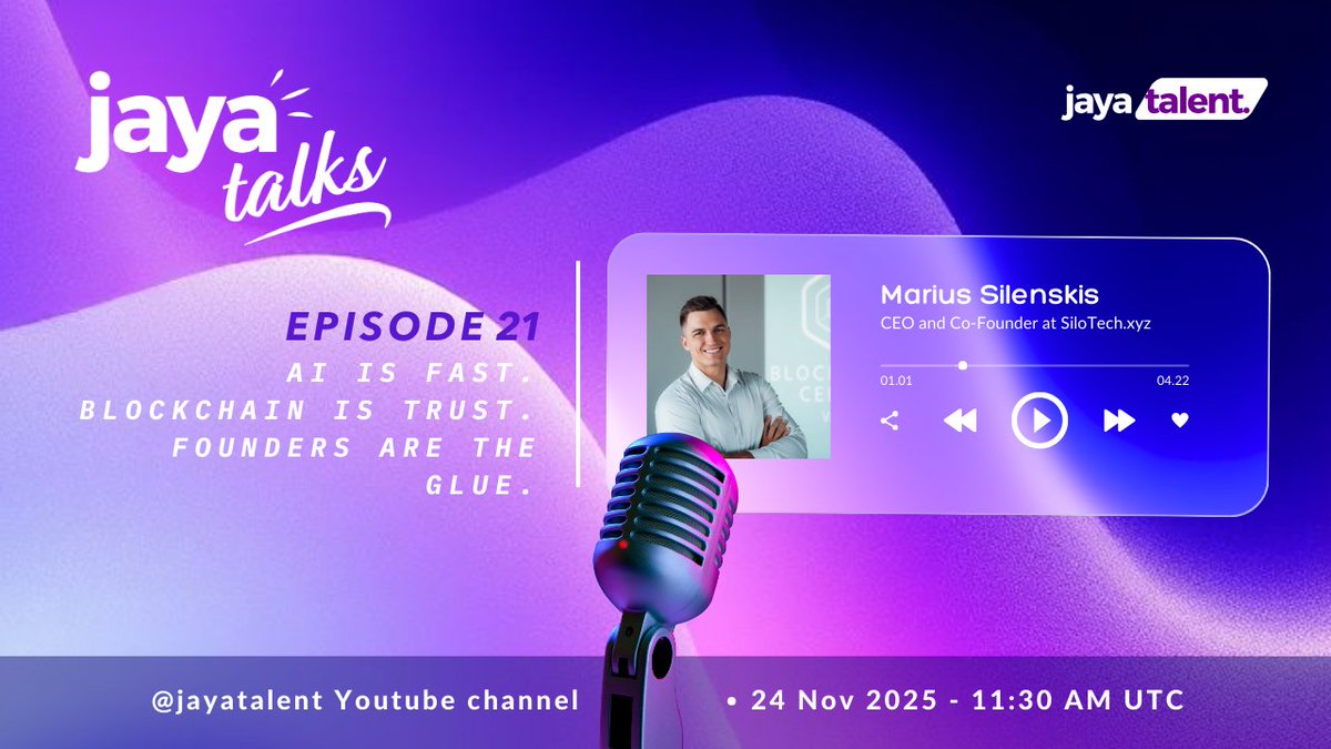 🎙 Jaya Talks — Episode 21 is Live!

AI moves fast. Blockchain builds trust. And founders? They’re the glue that keeps everything together.

In this episode, we sit down with Marius Silenskis (<a href="/cloudFX_M/">Silotech.eth</a>), CEO &amp; Co-Founder of SiloTech.xyz, to explore the founder