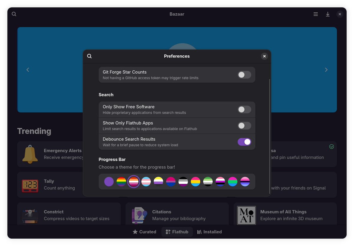LundukeJournal's tweet image. Installing Linux software is about to get a lot more… GAY.

Bazaar, a new App store for GNOME, includes the ability to change the theme of the Progress Bar, which displays as you are installing new software.

But, here’s the fun part, the ONLY themes made available are LGBTQ…