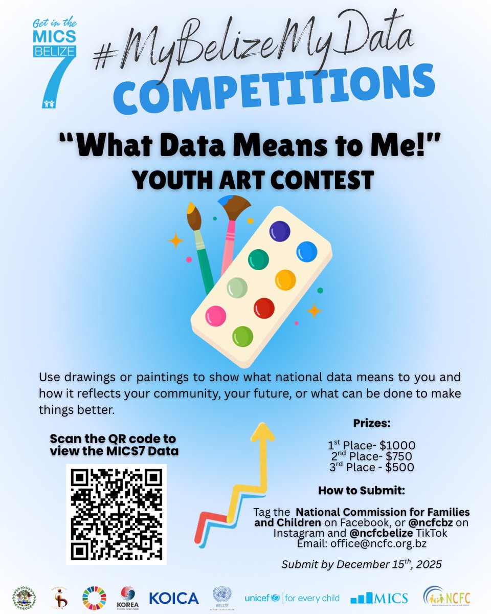 📢 Hey Belizean Youth!
Ready to turn data into creativity? Join the #MyBelizeMyData MICS7 Competitions and show how stats shape a brighter future!
✅ Prizes
✅ Your voice matters
✅ Be part of change
Stay tuned for details!
#MICS7 #YouthVoices #DataForChange #Belize