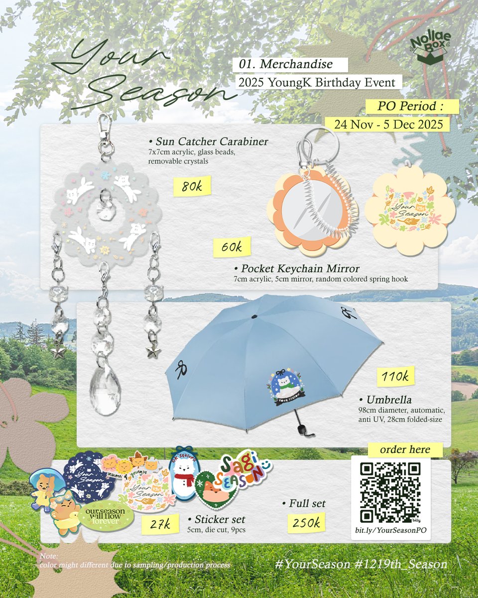 nollaebox's tweet image. Your Season🍃
2025 YoungK Birthday Event
by Nollae Box
⋆˚✿˖° pt.1 – MERCHANDISE

It is our multi-talented cat’s season!
Complete your season with our latest merch🐱

📅 PO Period: 24 Nov-5 Dec 2025
🔗 bit.ly/YourSeasonPO

#YourSeason #1219th_Season
