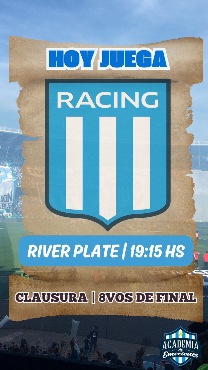 #Clausura2025 | 8VOS DE FINAL 

¡¡¡HOY JUEGA RACING!!!

#RacingClub vs. River Plate 

🏟 Presidente Perón 
⌚️ 19:15 hs.
👤 Facundo Tello