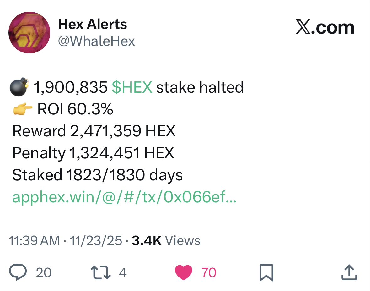 CryptoCoffee369's tweet image. Not sure why this guy couldn’t wait 7 more days to not pay a huge $5000+ penalty

But in HEX that penalty gets routed back to all the miners, which is nice
