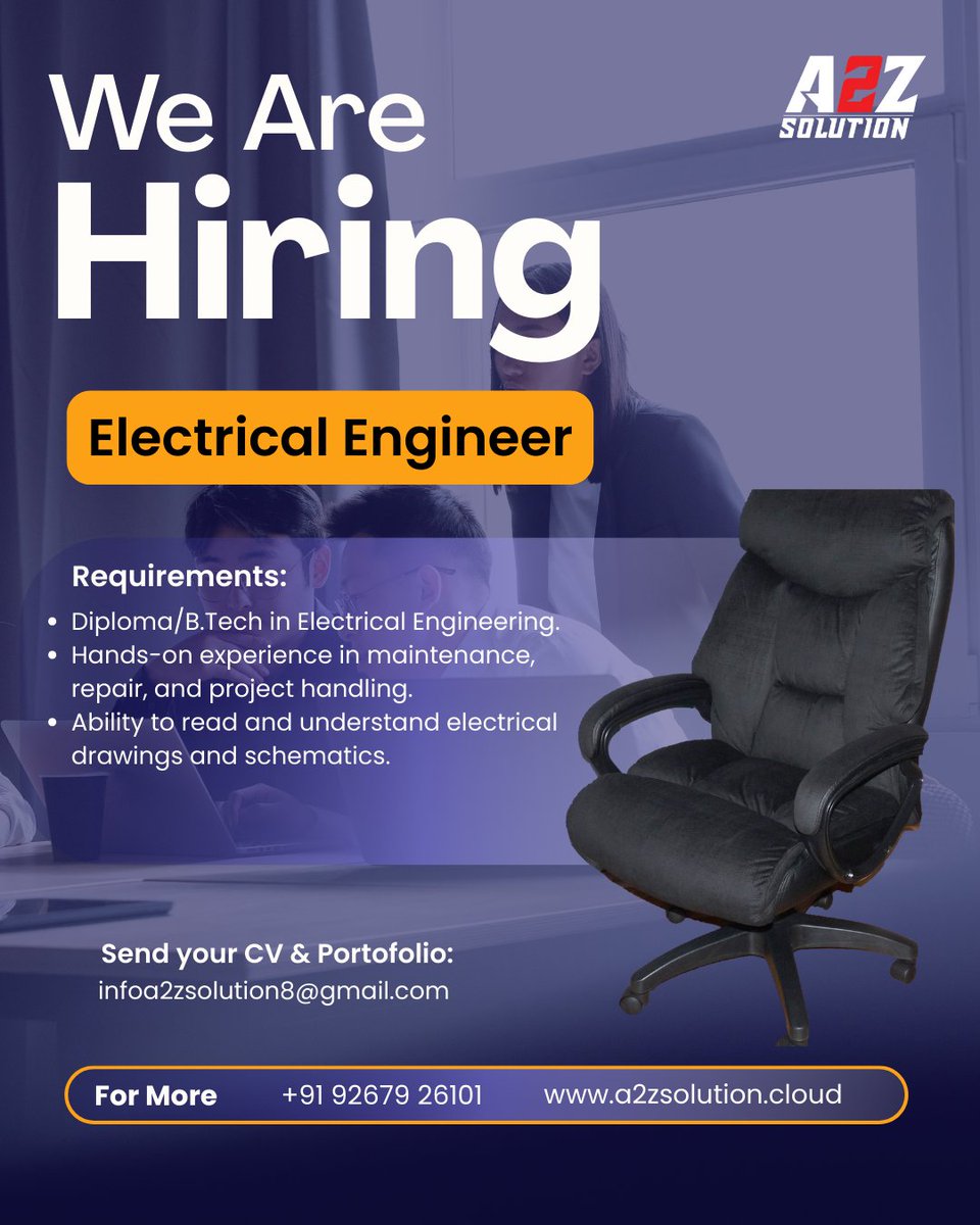 SunderBhati01's tweet image. ⚡ We Are Hiring – Electrical Engineer ⚡
📩 Send Your CV &amp;amp; Portfolio:
 infoa2zsolution8@gmail.com📞 For More Info:
+91 92679 26101🌐 a2zsolution.cloud🔖 Join A2Z Solution and grow your career with trusted opportunities!
#A2ZSolution #ElectricalEngineer #HiringNow