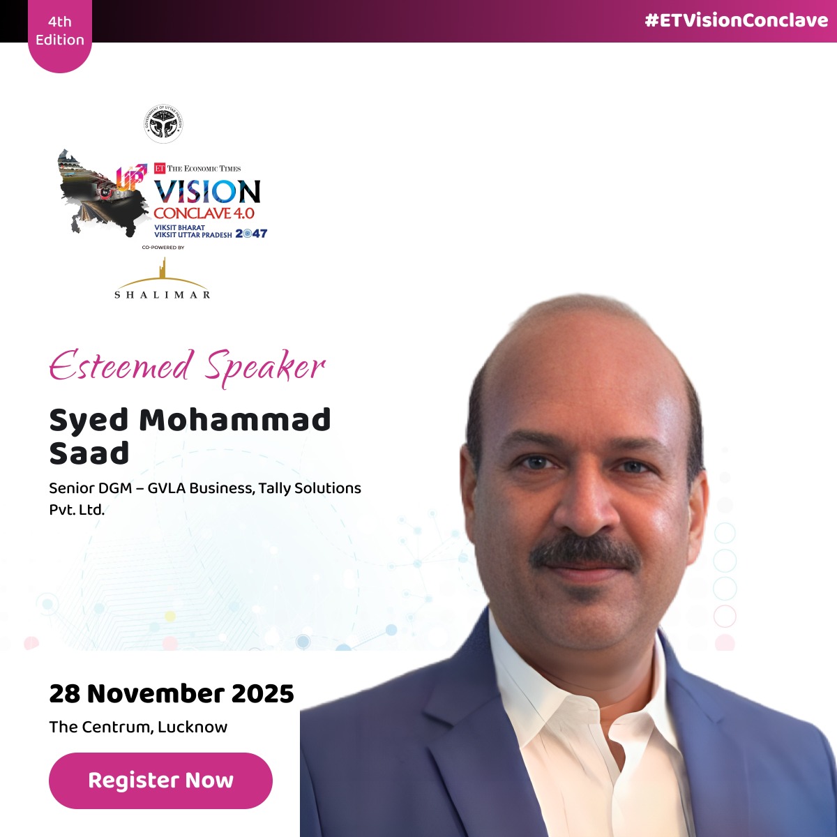 ET_Government's tweet image. Hear from Syed Mohammad Saad, Senior DGM – GVLA Business, @tallysolutions, at the 4th Edition of #ETVisionConclave, as they share their thoughts on powering inclusive and sustainable growth.   

Express Interest: shorturl.at/nEtdy

#ETGovernment #VisionConclave