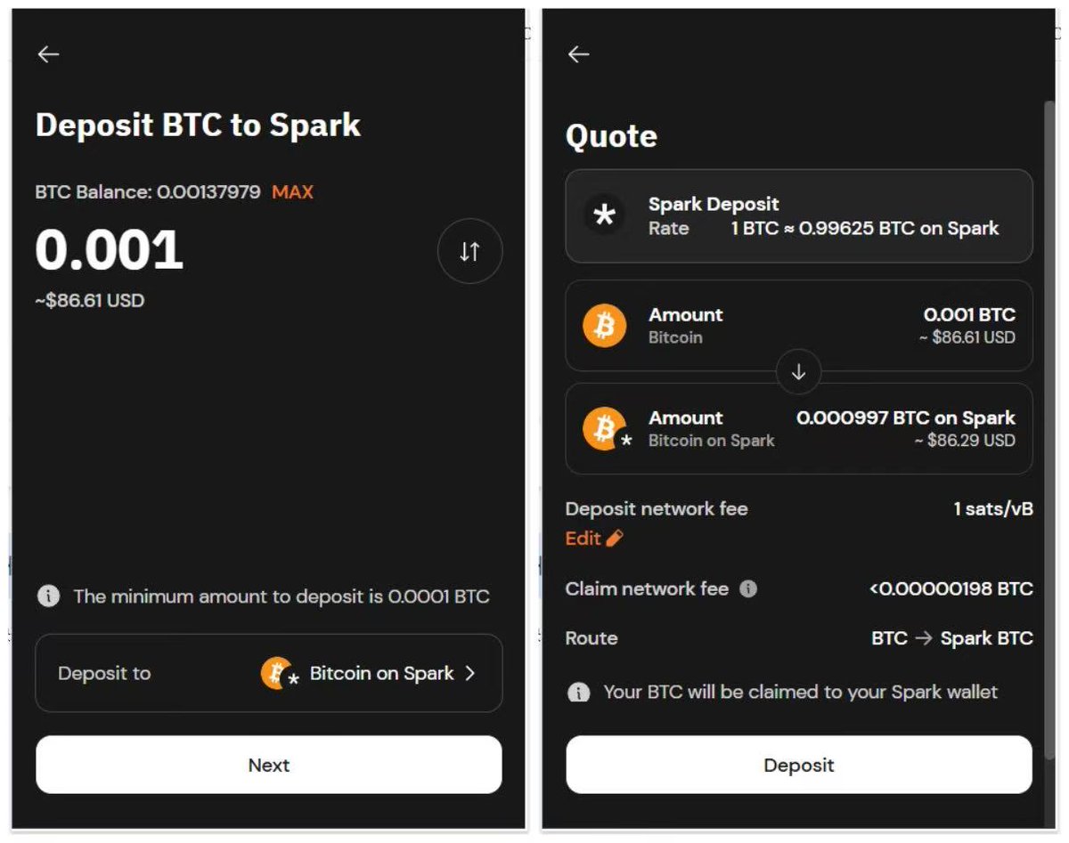 spark_china2025's tweet image. 如何简单的参与Spark生态：

1⃣首先确保自己 @xverse 钱包内有BTC，如果没有可以从交易所或者unisat等钱包转入 @xverse 中 3开头的主网地址
2⃣当你的钱包内有了BTC后，点击Bitcoin后选择Convert，然后选择deposit BTC to Spark
3⃣填写想要跨入Spark的BTC数量并点击deposit确认…