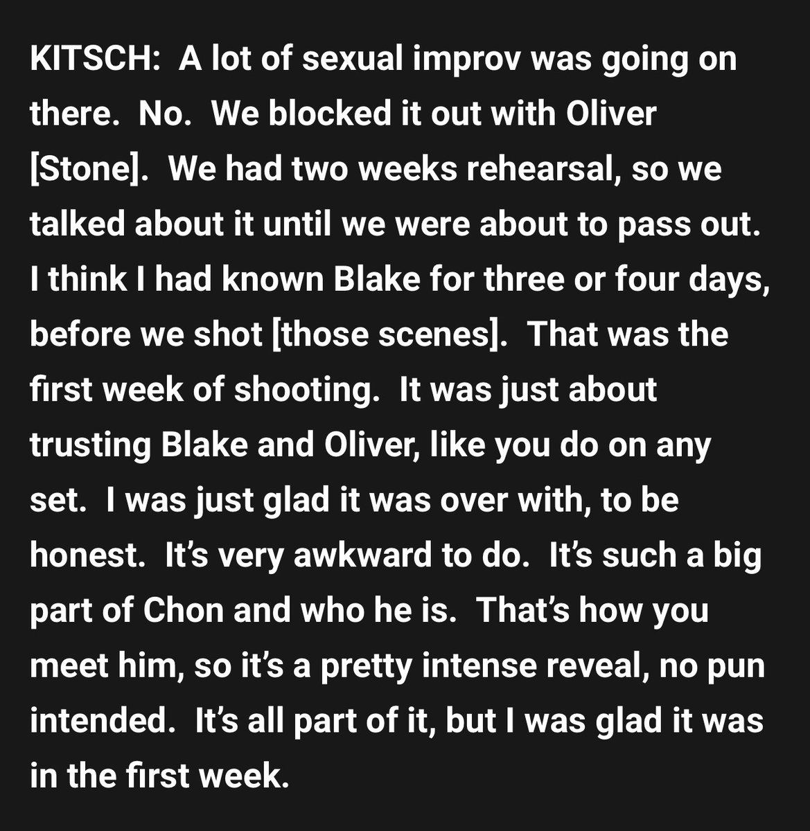 Justice4BJS's tweet image. Taylor Kitsch stating there was a lot of “sexual improv” on the set of “Savages” and he had to just trust Stone &amp;amp; Lively. 

That it was awkward and he was glad it was over. 

GIRL.