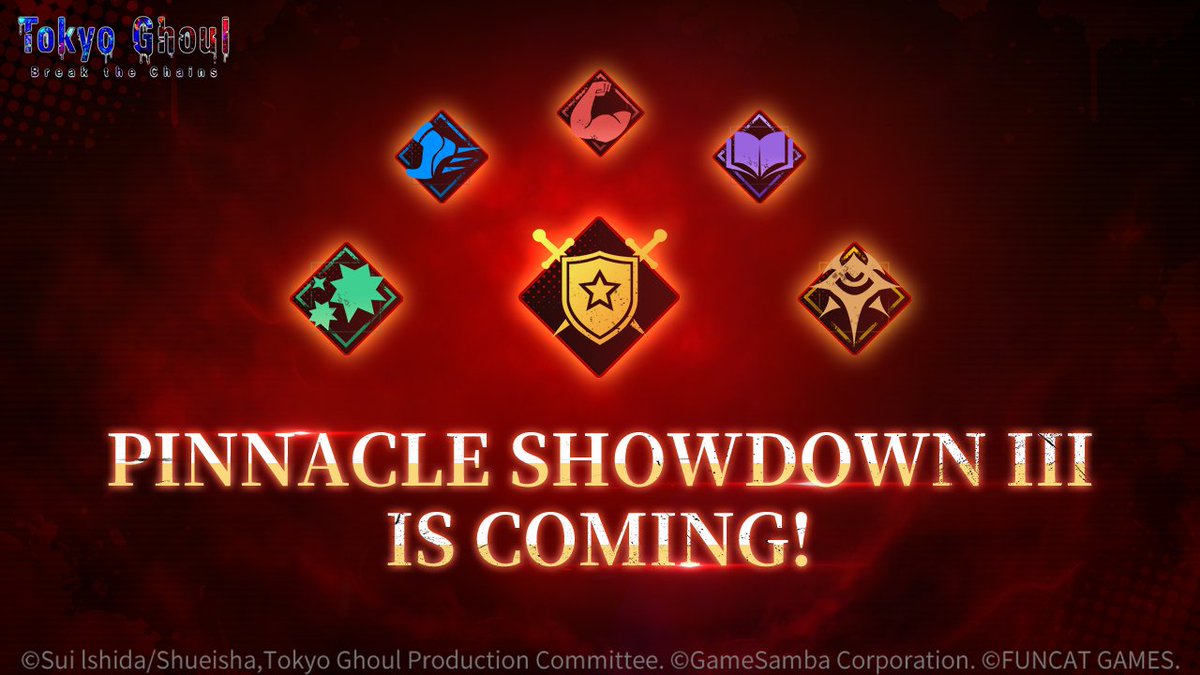 tgbreakthechain's tweet photo. /
⚔️#PinnacleShowdownⅢ is coming!
\
Prepare for the most intense battles of the season!
>> EU Server: starts on Nov 28th, 08:00 (UTC+2)
>> NA Server: starts on Nov 28th, 08:00 (UTC-8)
Stay tuned!
#TokyoGhoul #TokyoGhoulBTC
#ScheduleNotice https://t.co/Fhq01elHDl