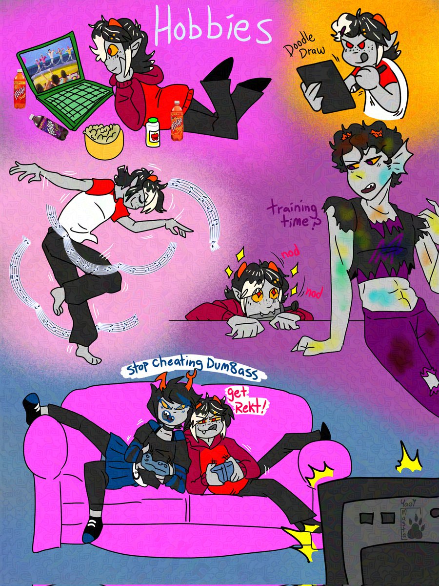Yaoi_masta's tweet photo. dyces hobbies~
movies, drawing, dancing.
training and hanging with his moirai.
and video games with his cousin #vrissy
#homestuck #homestuck2 #homestuckbeyondcanon #homestuckfantroll https://t.co/JIvdzMtqds