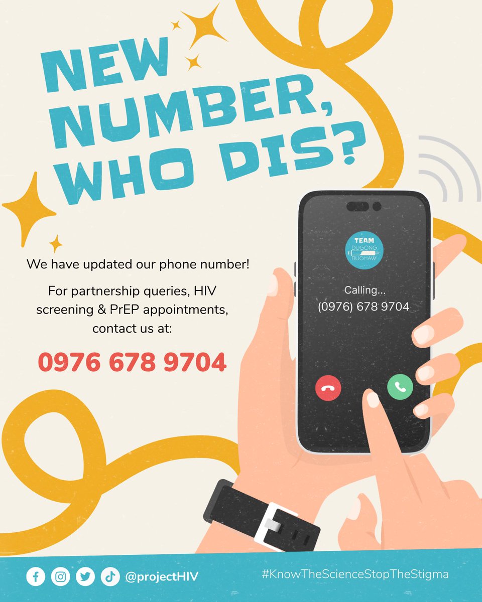 ProjectHIV's tweet photo. 𝐞𝐓𝐨 𝐧𝐀 𝐛𝐀𝐠𝟎𝐧𝐠 𝐫𝟎𝐚𝐦𝐈𝐧𝐆 𝐧𝐔𝐦𝐛𝟑𝐫 𝐤𝟎 😎

Hey, besties! We have updated our contact number. For partnership queries, HIV screening and PrEP appointments, send us a message at: 

0976 678 9704

Thank you! 🤩

#TeamDugongBughaw
#KnowTheScienceStopTheStigma https://t.co/K1SOeF5L57