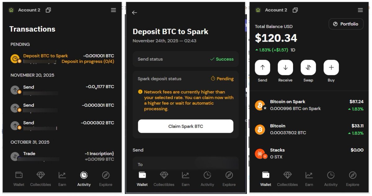 spark_china2025's tweet image. 如何简单的参与Spark生态：

1⃣首先确保自己 @xverse 钱包内有BTC，如果没有可以从交易所或者unisat等钱包转入 @xverse 中 3开头的主网地址
2⃣当你的钱包内有了BTC后，点击Bitcoin后选择Convert，然后选择deposit BTC to Spark
3⃣填写想要跨入Spark的BTC数量并点击deposit确认…