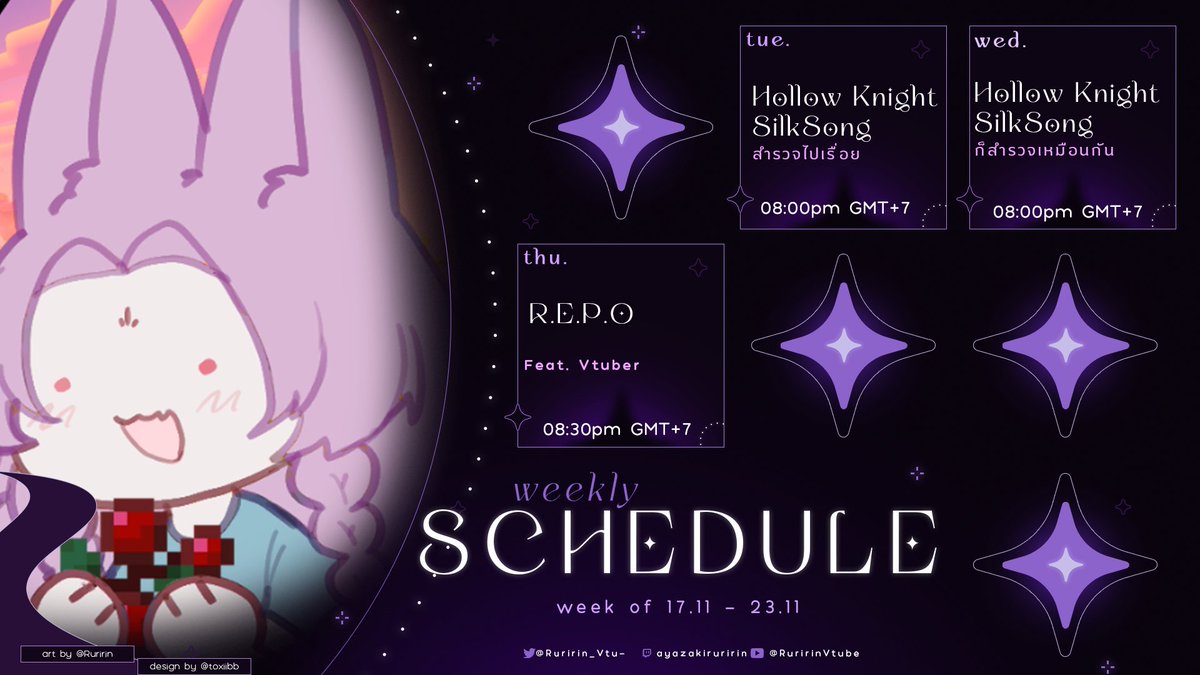 Ruririn_VtubeTH's tweet photo. ⌈🗓️𝗪𝗲𝗲𝗸𝗹𝘆 𝗦𝗰𝗵𝗲𝗱𝘂𝗹𝗲⌋ 24 Nov. - 30 Nov. 2025
🔴Live #RinnieL
🎨FanArt #RinnieFA
🦊Meme #RinnieF
💜Fanname #Purunnie https://t.co/XRewRH2lst