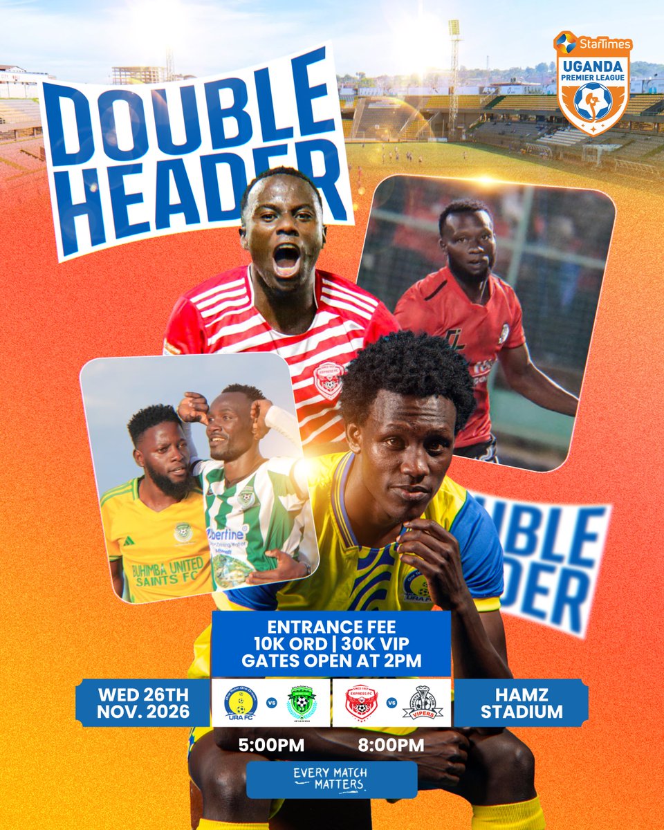 UPL's tweet image. New week. Midweek double thrill 🔥

• URA FC vs Buhimba United Saints FC
• Express FC vs Vipers SC

🏟️ Hamz Stadium, Nakivubo 

#DoubleHeader | #StarTimesUPL