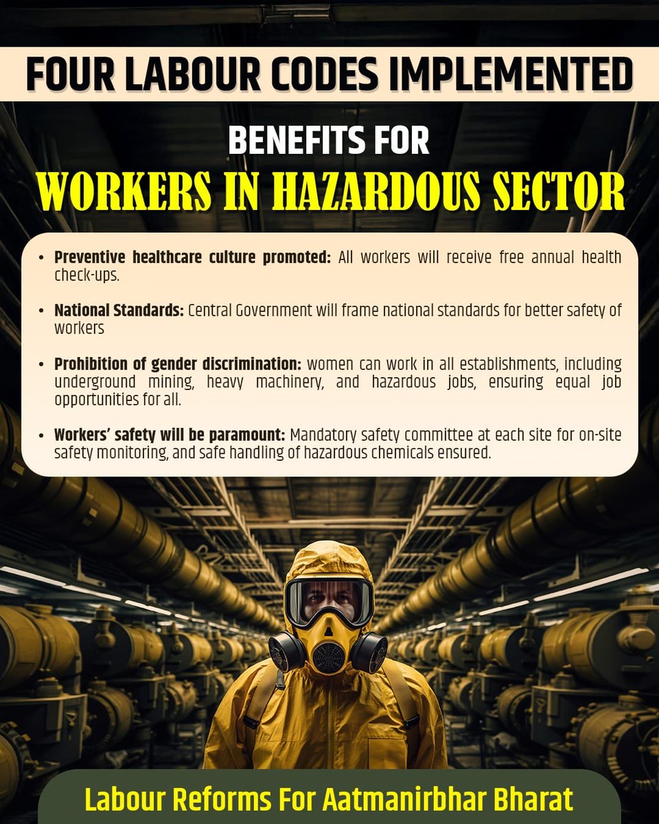 epfobanjarahill's tweet image. Stricter safety standards, annual health check-ups, gender-neutral opportunities, and on-site safety committees—labour reforms ensure maximum protection for workers in hazardous environments.
#श्रमेव_जयते #ShramevJayate