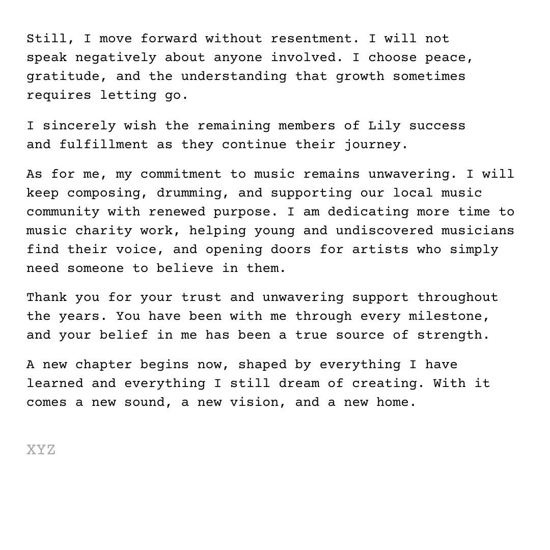 Official statement regarding my departure from Lily