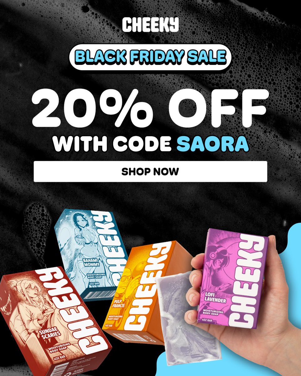 hi ! I’m happy to announce that I’m now partnered with Cheeky Soap🥳 just in time for black friday, in which my code is 20% off starting from TODAY up until 12/1 !!

my fave scents are lofi lavender and sundae scaries :3c try them out using usecheeky.com/saora or code SAORA💜