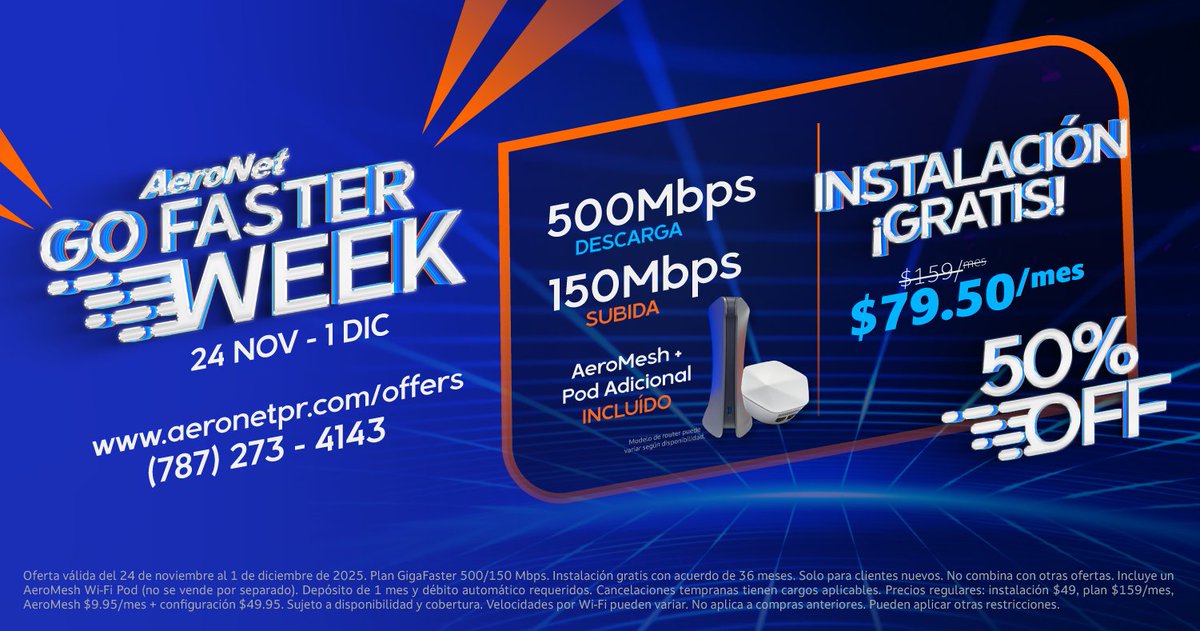 DESPEGAMOS 🚀. Con un solo clic, todo cambia. GigaFaster 500 por $79.50. 50% OFF solo por el GoFaster Week. Instalación gratis + equipos premium incluidos. Verifica tu cobertura ahora antes que se agote el tiempo. #CyberWeek2025 #ConUnSoloClic