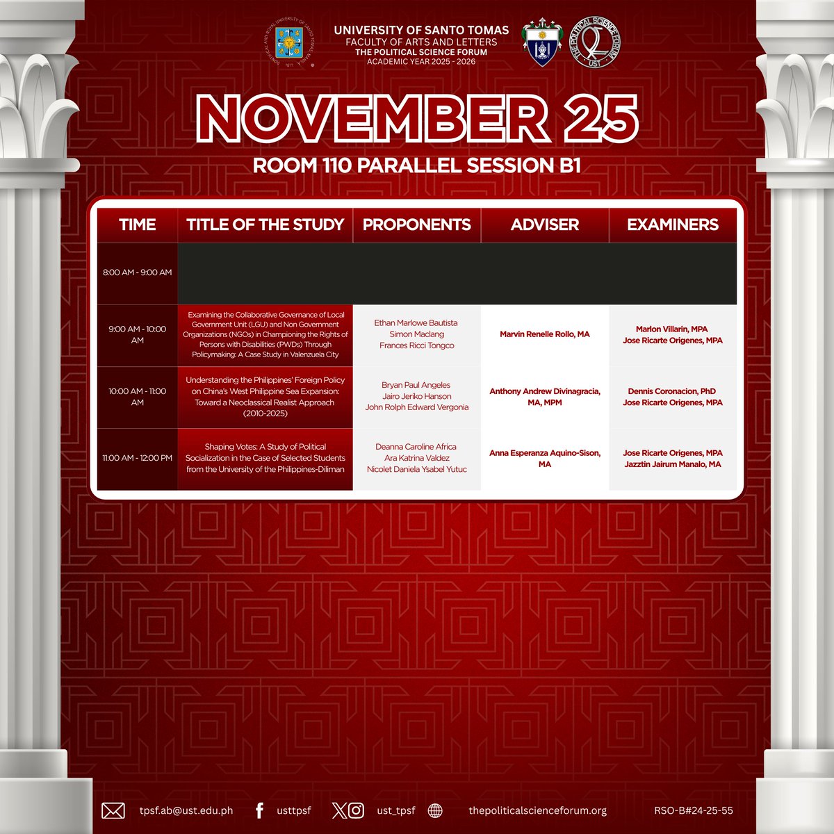 ust_tpsf's tweet photo. 𝙁𝙊𝙍𝙒𝘼𝙍𝘿, 𝙎𝙋𝘼𝙍𝙏𝘼𝙉𝙎! 📖🎓

The Political Science Forum offers heartfelt support to the remarkable Batch 2026 seniors as they enter this year’s Research Colloquium. https://t.co/uiwOMP1959