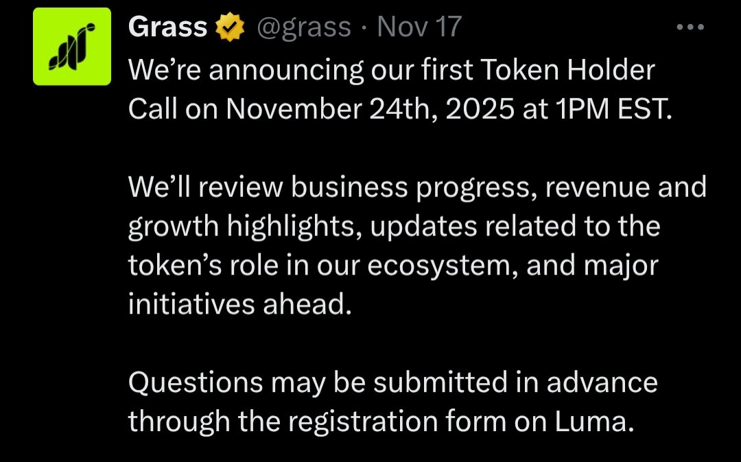 CryptoLakhan's tweet image. 🚨 $GRASS Season 2 Airdrop - Big Day 🤩

Big day for $GRASS holders!
The first Token Holder Call is happening TODAY at 1 PM EST. 🌱

Looking forward to updates on business progress, revenue growth, ecosystem expansion, and major initiatives ahead — especially insights on Season 2…