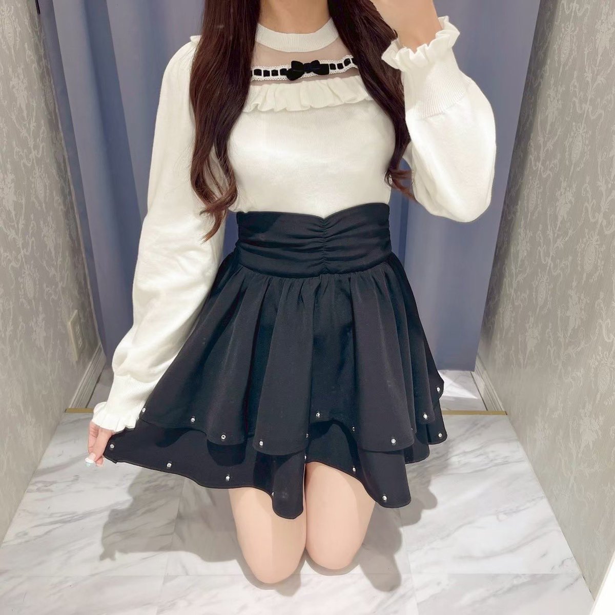 evelyn シアーフリルリボンニット ブラック evelyn渋谷店 ⁡ #シアー