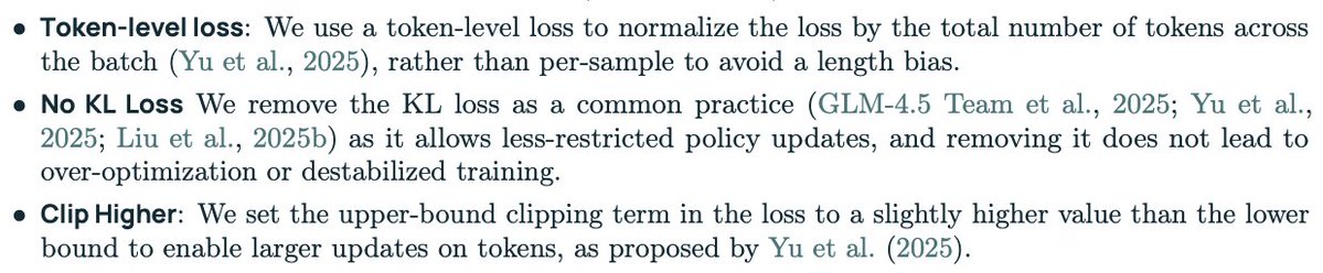 cwolferesearch's tweet image. Interesting note from Olmo-3 that KL divergence is excluded from GRPO loss. This is becoming a standard choice for reasoning / RL training pipelines, and it doesn&apos;t seem to cause training instability. Yet another reminder that RL for LLMs very different than traditional DeepRL.